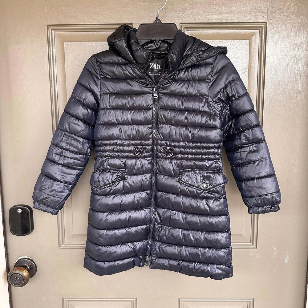 Zara Navy Long Puffer Parka Coat 7 - Picture 1 of 4
